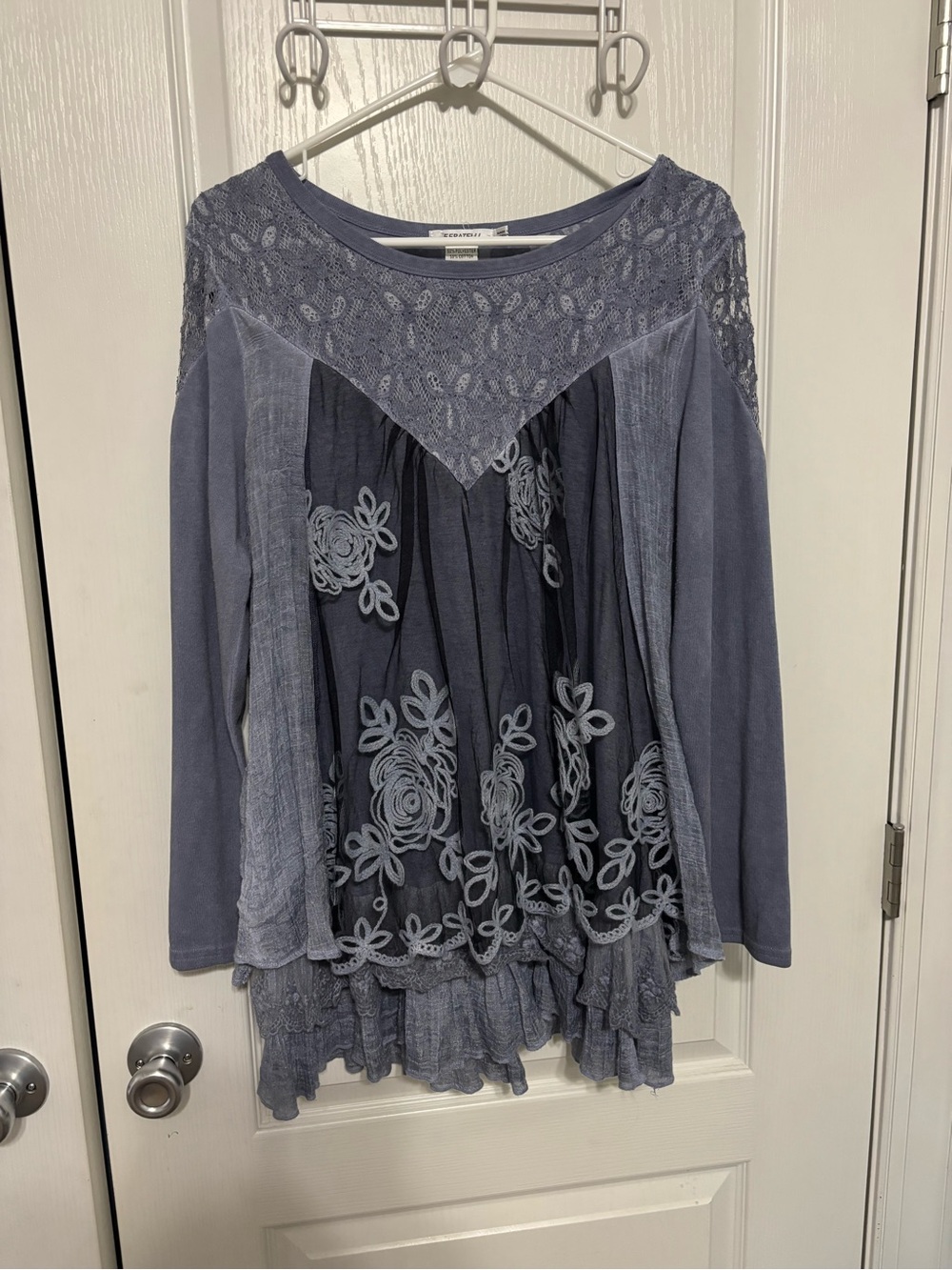 Ferratelli Boho Lace & Embroidered Ruffle Long-Sleeve Top - Dusty Blue